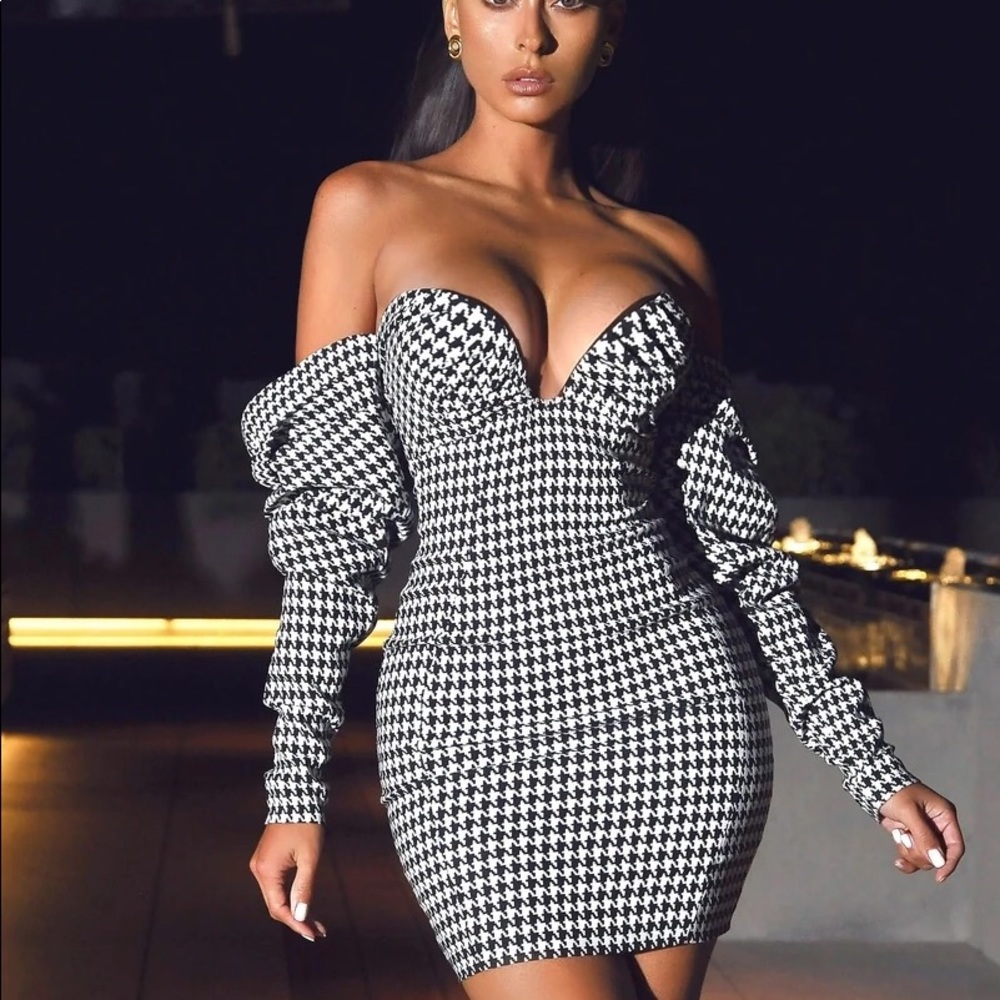 Miss Circle Puff Sleeve Off Shoulder Houndstooth Dress